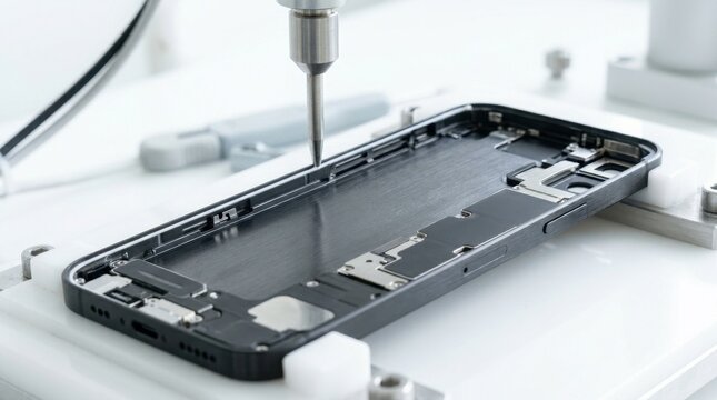 Smartphone Being Repaired with a Precision Tool on a White Surface Featuring Repair, High-Key Shot, Minimalist with Electronic Device and Gadget