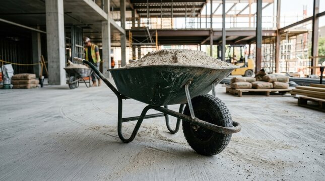 Wheelbarrow Filled with Concrete in an Unfinished Building Under Construction Featuring Heavy-Duty, Industrial, Labor with Manual Labor and Cement