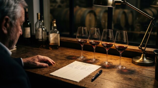 Wine Glasses on a Wooden Table with a Man Taking Notes During a Tasting Session Featuring Glassware, Pen and Paper, Notebook with Dim Lighting