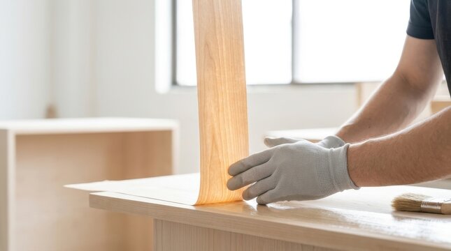Wooden Furniture Being Assembled with a Hand Wearing a Glove Featuring Assembling, Craftsmanship, Diy with Woodworking and Construction Elements