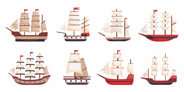 Collection Of Sailing Ships Flat Vector Illustration On White Background