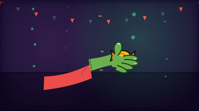 Animated Green Zombie Hand Holding Golden Coin Against Dark Background.