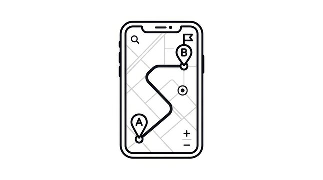 Minimalist smartphone map icon with GPS navigation route. Mobile app interface showing point A to B tracking. Digital travel and logistics concept.