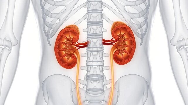Human Kidneys Cross Section with Adrenal Glands in Wireframe Body Animation