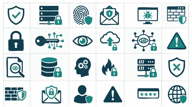 Cybersecurity and Data Protection Icon Set for Digital Security Concepts