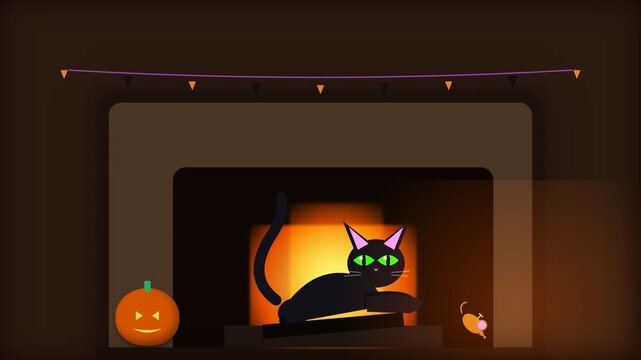 Animated Halloween Scene Featuring A Black Cat And A Jack O Lantern By A Cozy Fireplace.