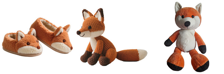 Fototapeta premium Three fox-themed items: a pair of fox slippers, a crocheted fox toy, and a plush fox toy, isolated on a white background.