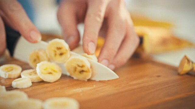 A man slices a ripe banana on a cutting board with a white ceramic knife, standing in a home kitchen. Concept of everyday cooking and home life
