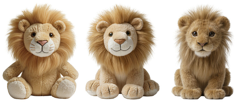 Three stuffed toy lions with fluffy manes and cute faces, isolated on a white background.