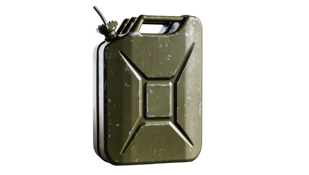Isolated distressed green metal jerry can for gasoline storage and emergency fuel.