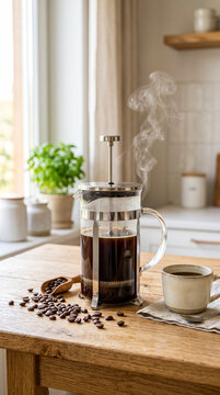 Mockup de cafetera francesa de cristal con caf&eacute; reci&eacute;n preparado sobre una mesa de madera clara. Fondo de cocina minimalista desenfocado con luz natural. Vapor visible y granos de caf&eacute; decorando la es