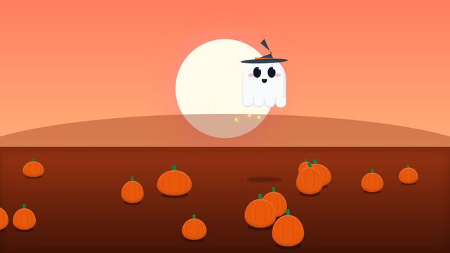 Animated Halloween ghost wearing a witch hat floating over a pumpkin patch at night.