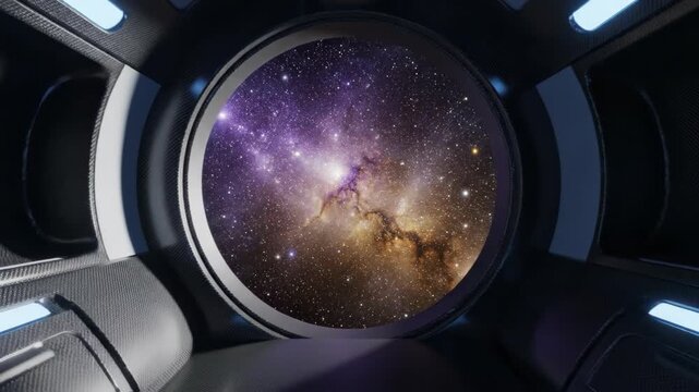 Spaceship interior moving through deep space. Futuristic spacecraft corridor with round window showing star galaxy. Interstellar travel and exploration concept