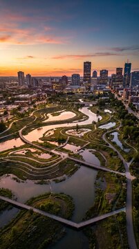 Columbus Ohio Skyline Aerial View of Scioto River Waterfront Park at Sunset