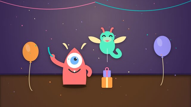 Animated cartoon monster celebrating with balloons and a gift box in a festive party setting.