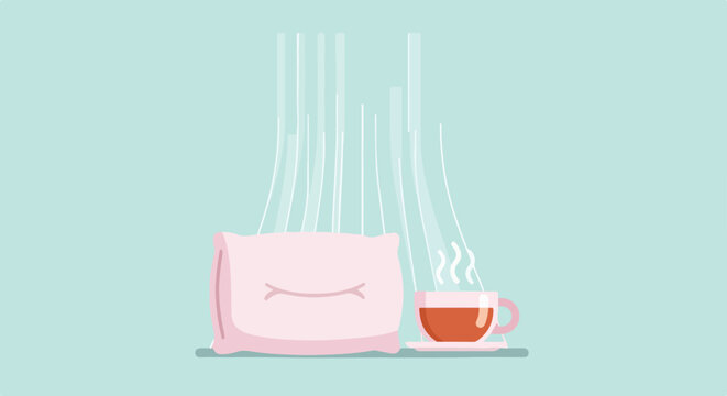 A minimalist illustration of a soft pink pillow and a hot cup of tea with rising steam, symbolizing a peaceful morning or a restful night's sleep.