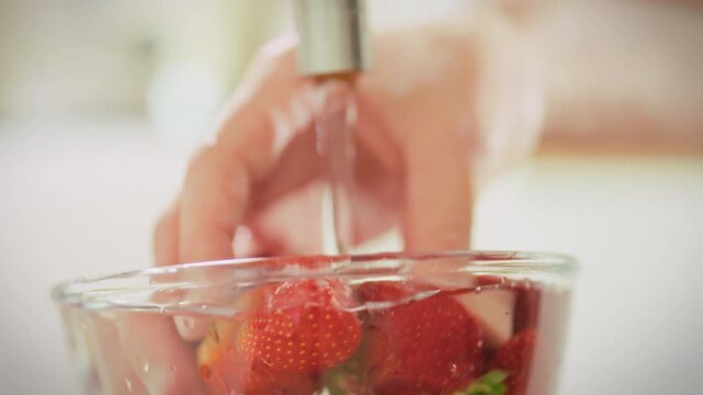 A man washes ripe strawberries in a glass bowl while preparing a summer dessert. Technology for making a sweet dessert from fresh seasonal berries at home