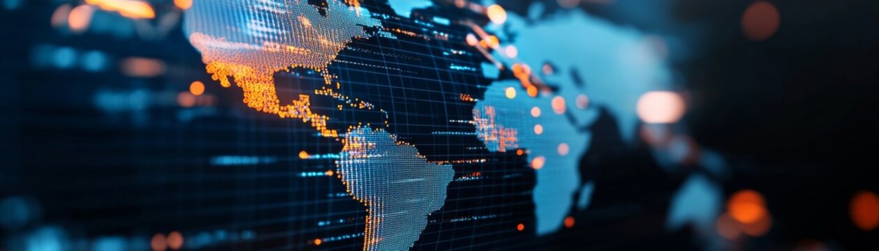 Composition details Perspective, depth of field (bokeh), close-upmacro view of a digital grid. Image details Digital map of the Americas (North and South America), blue and orangegold