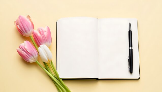 Blank open notebook with pen and flowers flatlay