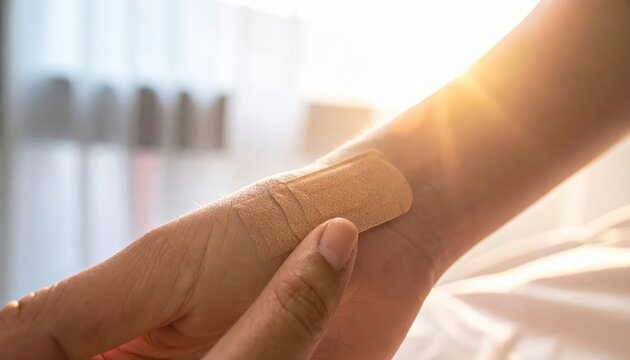 Hand applying a medical patch for pain relief and skin care