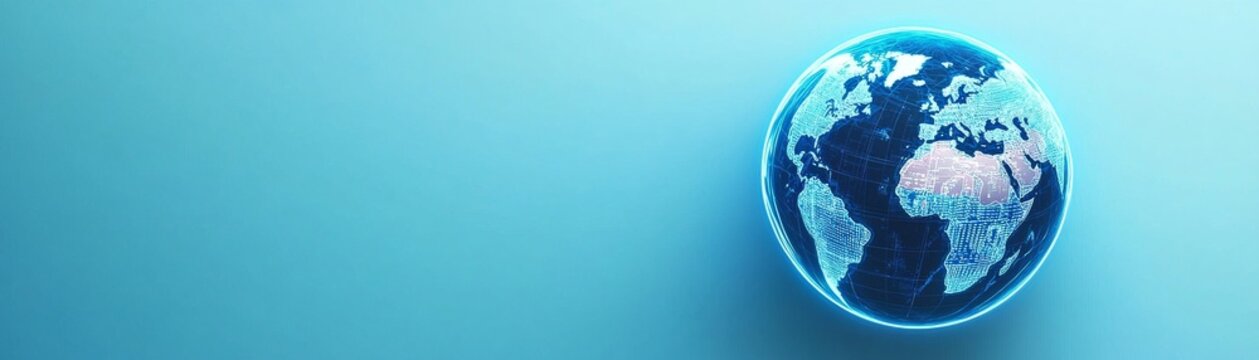 Composition Vertical ovalellipsoid shape placed on the right side, lots of negative space on the left. Image details Glowing bluecyan colors, digitalholographic map of the world,