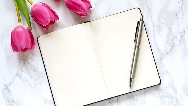 Blank open notebook with pen and flowers flatlay