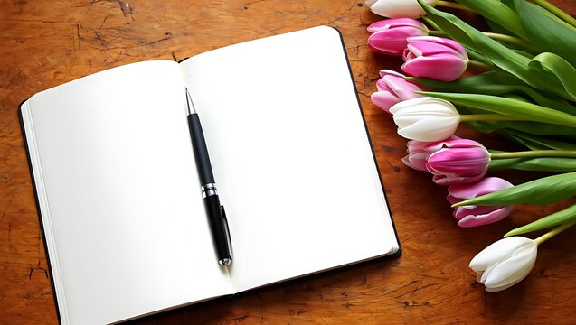 Blank open notebook with pen and flowers flatlay