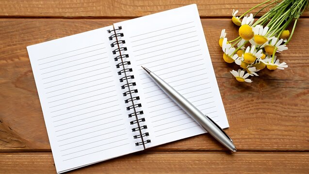 Blank open notebook with pen and flowers flatlay