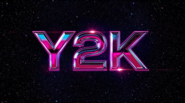 Y2k chrome neon glow space starfield retro futuristic chrome text with pink and blue glow