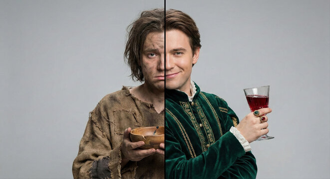 Man Showing Stark Contrast Between Poverty and Riches in Split Image