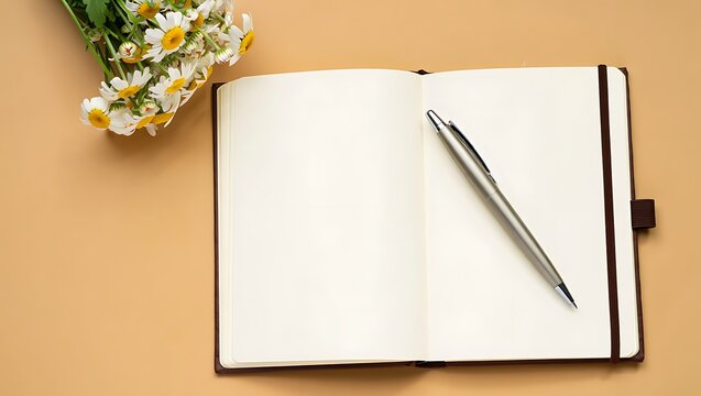 Blank open notebook with pen and flowers flatlay