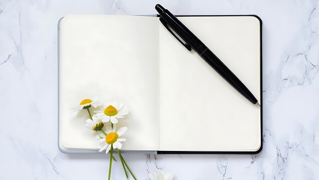 Blank open notebook with pen and flowers flatlay
