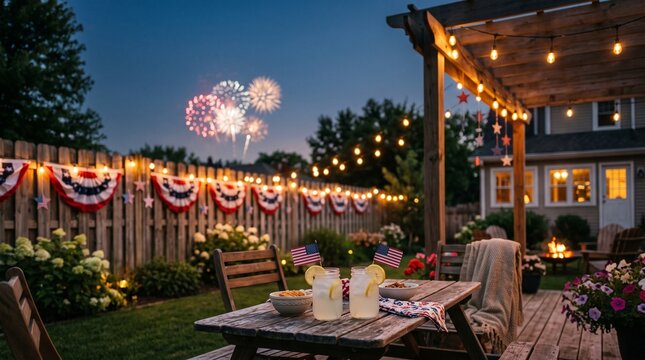 Backyard Independence Day Party With Fireworks and String Lights