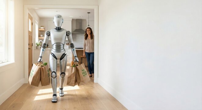 Humanoid Robot Delivering Groceries to Woman in Modern Home