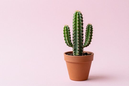 A small cactus in a small orange pot on a pink background