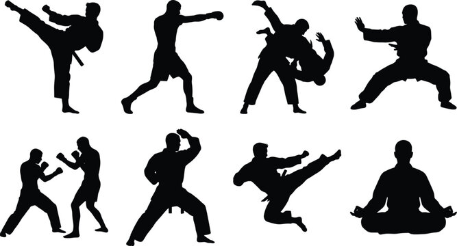 Martial arts silhouettes collection featuring karate judo boxing and combat sports poses isolated on white background