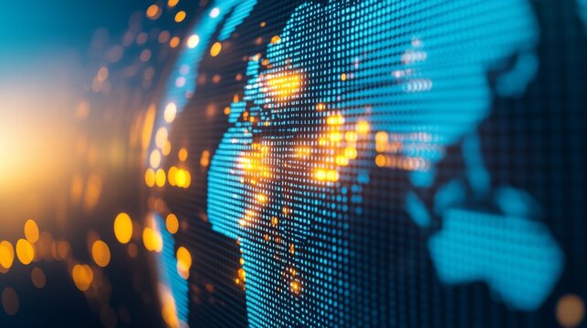 Image A digitalpixelated globe representation. Blue tones for the continentsocean, glowing orangegold lights representing data or city lights. Close-upmacro shot with shallow depth of