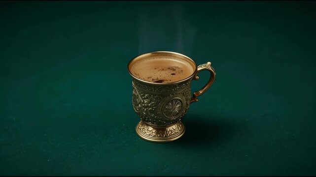 Ornate brass cup Turkish coffee steam rising rich crema elegant vintage metal cup moody green