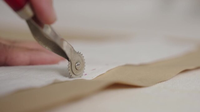 Fashion designer transferring sewing pattern onto fabric using tracing wheel