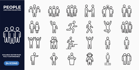 People line icon team, handshake, running, walking, group hug and podium winner. Complete set of human figure, body language and social interaction icons for business, fitness and community design © SyedDesigner