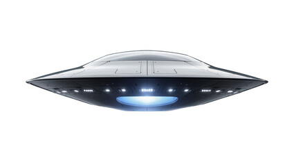 Isolated futuristic flying saucer with glowing blue lights, advanced alien spaceship concept © Conor