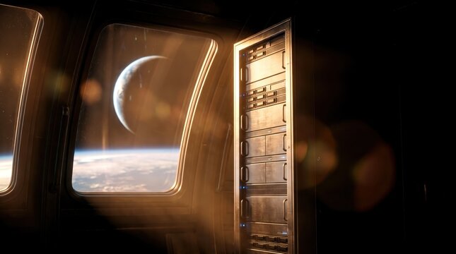Beams of sunlight striking database storage rack inside orbiting space station