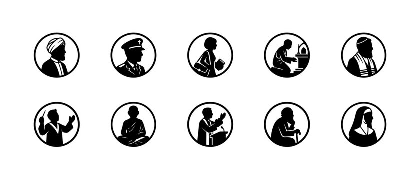 Religious people avatars collection of black silhouette icons depicting various individuals engaged in prayer, meditation, and other spiritual practices, isolated.
