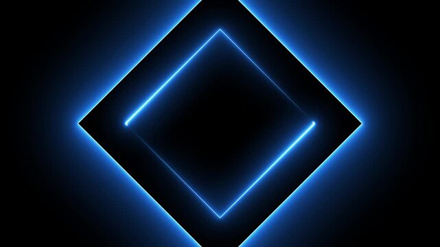 A single glowing neon blue rhombus shape with sharp edges is centered against a completely black background creating a futuristic and abstract visual effect with a sense of depth and illumination