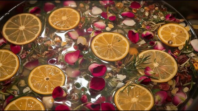 Citrus slice and rose petal bath scene with lemon petal floating herbal water scented spa