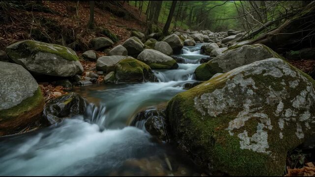 Mossy rock stream forest creek flowing over boulders serene atmosphere waterfall creating peaceful