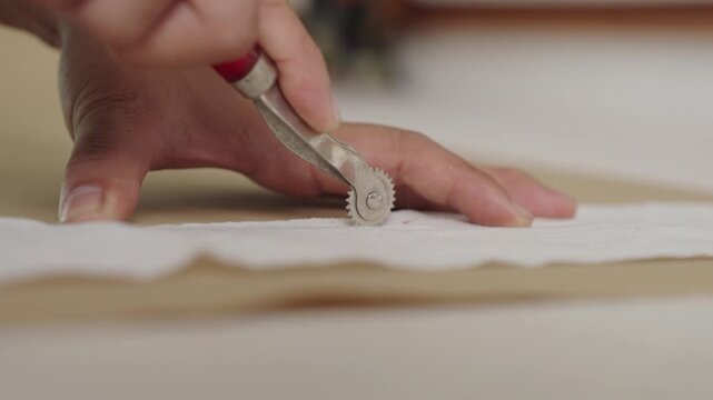 Close-up of tracing sewing pattern onto fabric with tracing wheel for wedding gown production