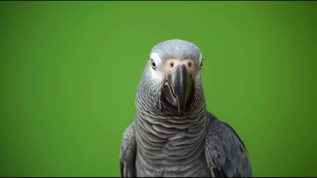 African grey parrot portrait vivid green background with detailed feathers, bright eye