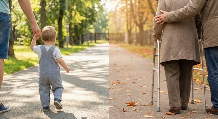 Obraz premium Stages of Life Showing Baby Walking with Parent and Elderly with Caregiver