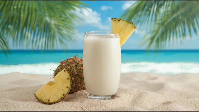 Tropical pineapple coconut smoothie and creamy pina da on beach with palm ocean view